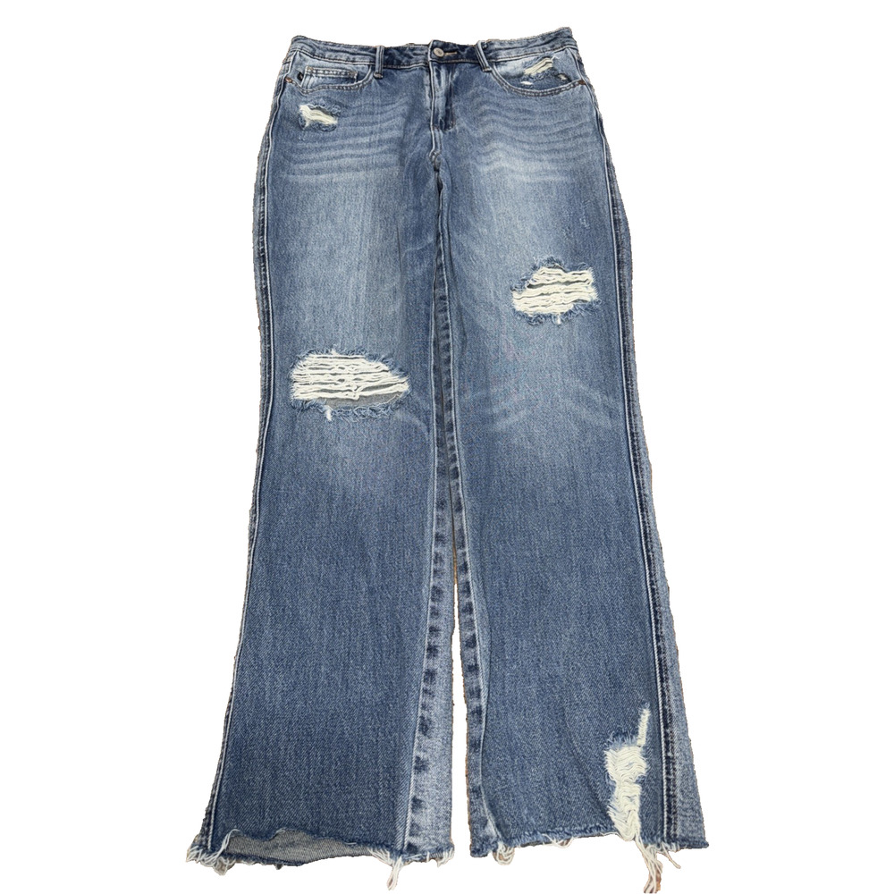 Judy Blue 9/29 Distressed Straight Leg Jeans Medium Wash Raw Hem 28 Inseam